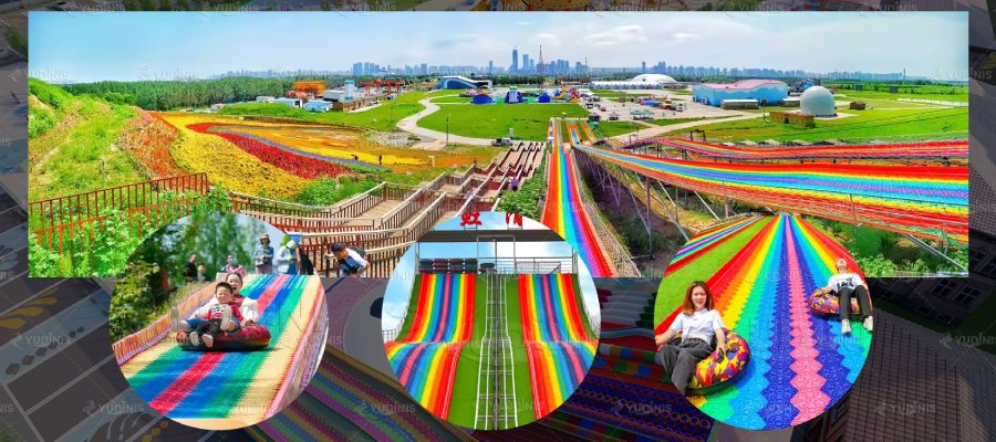 attraction familiale avec toboggan arc-en-ciel non électrique dans le parc